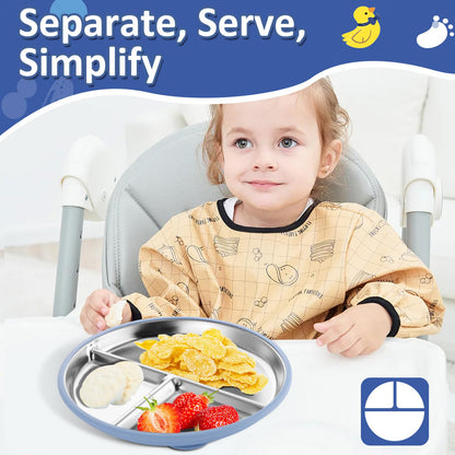 Stainless Steel Baby Plate with Suction, 9” Divided Toddler Plates with Removable Silicone Sleeves for Kids, Non-Toxic Non-Slip Unbreakable Dishwasher Safe Dinnerware Set of 2, Pink & Beige