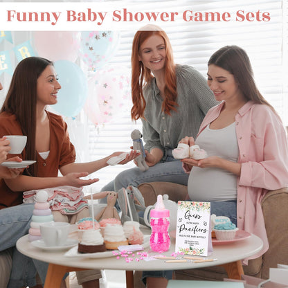 Roowest 512 Pcs Baby Shower Games Guess How Many Pacifiers Sign 100 Small Guessing Games 10 HB Pencils 750ml Milk Bottle 400 Acrylic Pacifiers Decoration for Guest Gender Reveal(Pink,Bear)