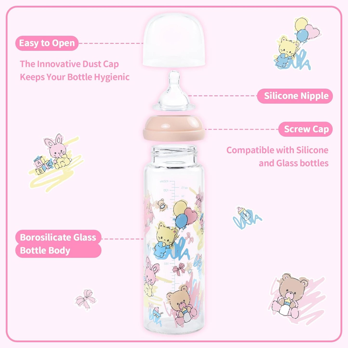 LittleForBig Adult Glass Feeding Bottle Ultra Printed Specialty Oversized Baby Cuties Pattern