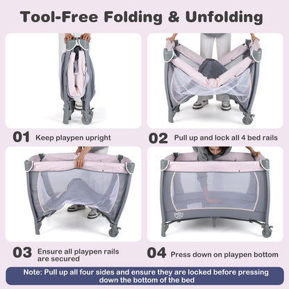 BABY JOY 5 in 1 Pack and Play, Portable Baby Playard w/Bassinet & Diaper Changing Table, Infant Pink Bassinet Crib with Toys & Music & Oxford Bag for Baby Girl Toddlers (Pink + Purple, Starry Sky)