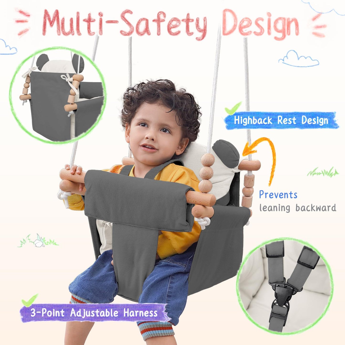 Baby Swing Indoor Outdoor,Secure Canvas Wooden Toddler Swing Seat, 3-Point Adjustable Safety Harness,Mounting Hardware Included,Gift for Boys and Girls,White