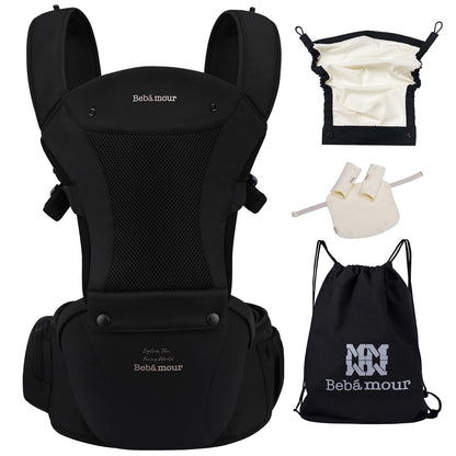 Bebamour Baby Carrier Newborn to Toddler-2 in 1 Hip Seat & Carrier Front and Back Carry with Head Hood & 3 Pieces Teething Pads& Waist Extenders & Storage Bag 0-36 Months (Green)