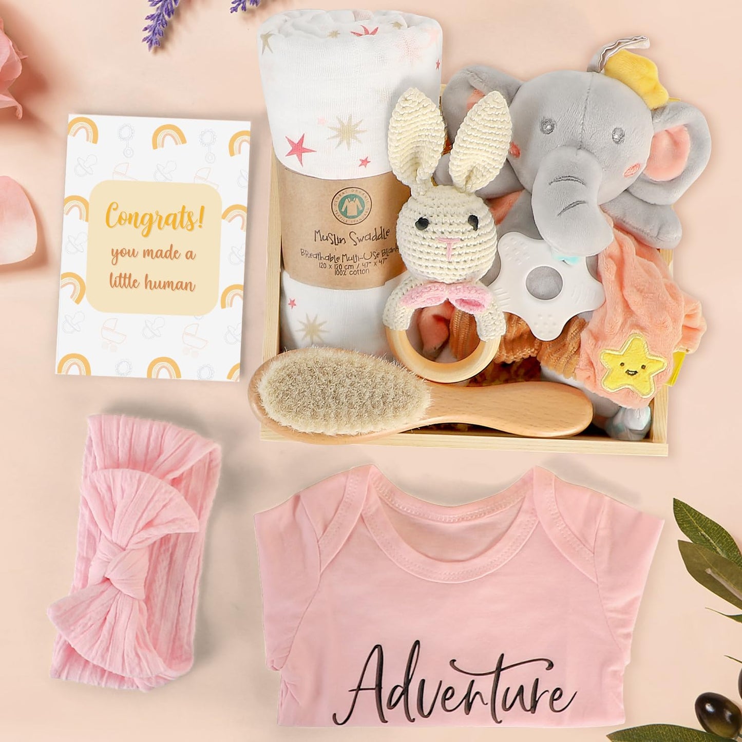 Baby Gift Set for Newborn, Baby Shower Gifts, Wooden Baby Gift Basket Essentials Includes Infant Swaddle Blanket Onesies Rattle Toy Hair Bursh, New Born Baby Christmas Gifts for Girls Boys