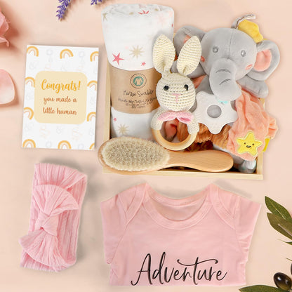 Baby Gift Set for Newborn, Baby Shower Gifts, Wooden Baby Gift Basket Essentials Includes Infant Swaddle Blanket Onesies Rattle Toy Hair Bursh, New Born Baby Christmas Gifts for Girls Boys