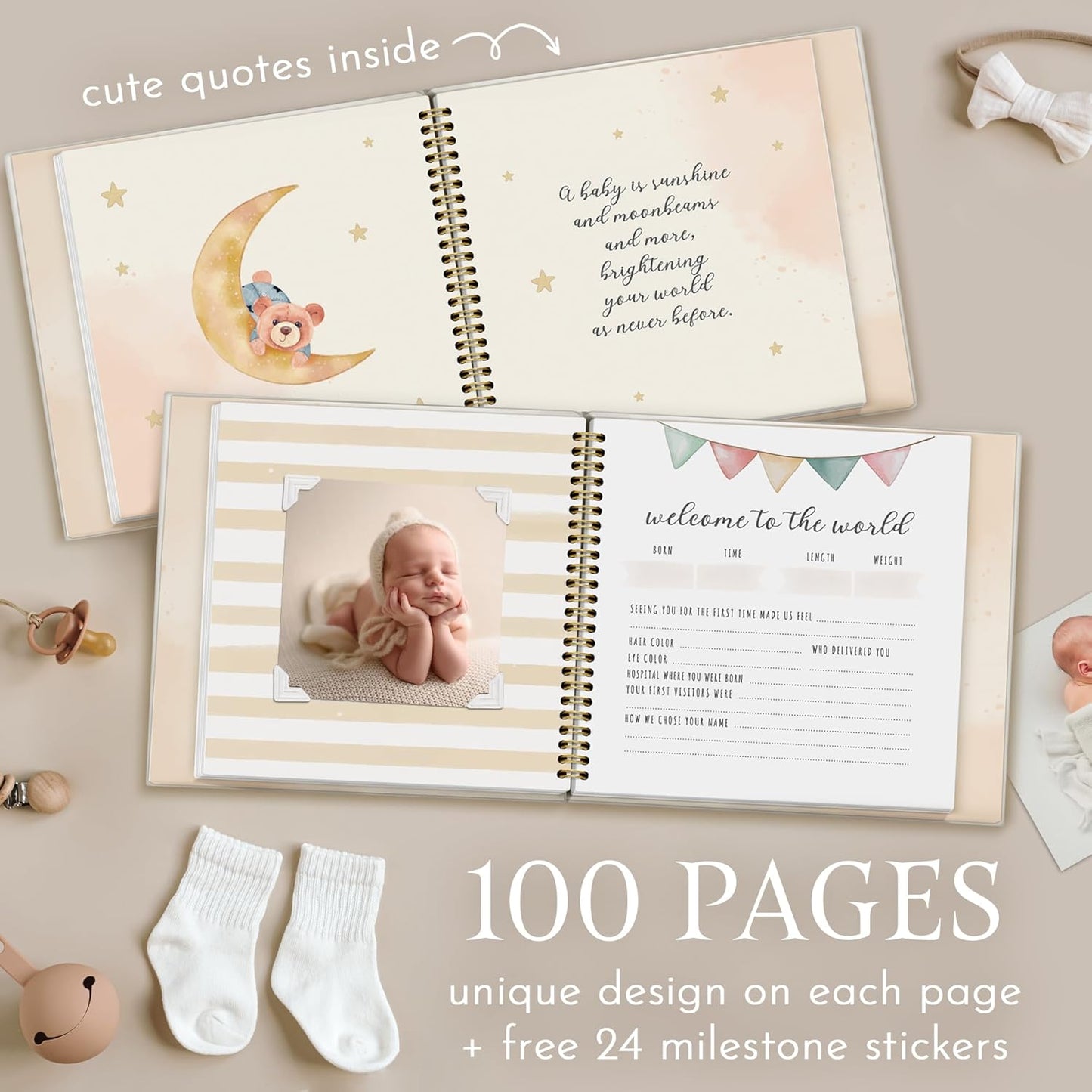 Elegant Design Baby Memory Book for Boy or Girl, Baby 5 Years Journal with Keepsake Sleeve, First Time Mom must have with 24 Baby Milestone Stickers, Scrapbook or Photo Album.