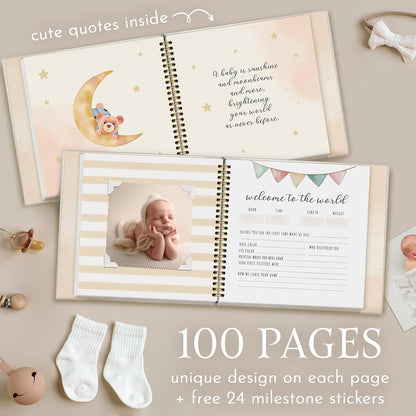 Elegant Design Baby Memory Book for Boy or Girl, Baby 5 Years Journal with Keepsake Sleeve, First Time Mom must have with 24 Baby Milestone Stickers, Scrapbook or Photo Album.