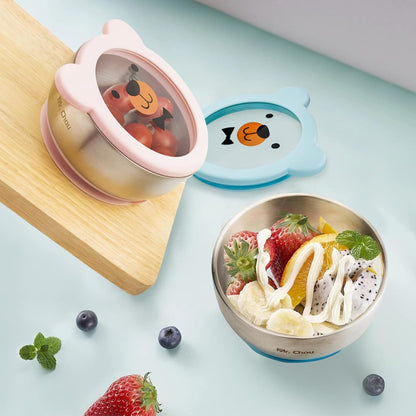 MR. CHOU Baby Bowls with Non-Slip Silicone Suction Cup, Insulated Double-Layer 304 Stainless Steel Toddler Bowls with BPA Free Airtight Lids, Food-Grade Silicone Safe for Kids (Blue)