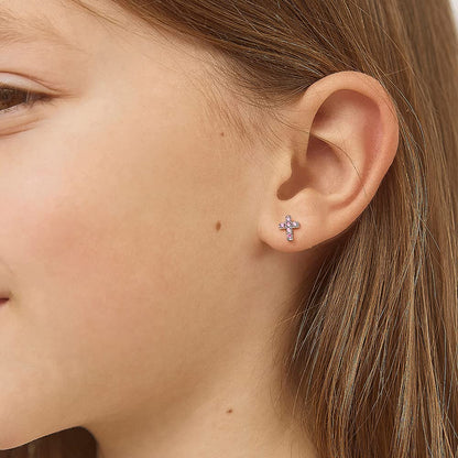 925 Sterling Silver Cubic Zirconia Little Cross Shape Stud Earrings with Safety Screw Back Lock for Toddlers, Little Girls, Pre-Teens & Teens - Christian Jewelry for Sweet & Loving Children