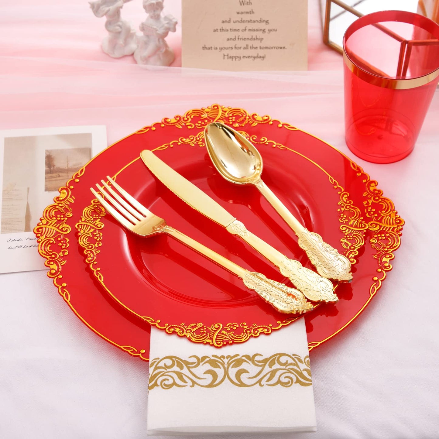 Morejoy 175PCS Rose Gold & Silver Plastic Dinnerware Set: 25 Plates, 25 Forks, 25 Knives, 25 Spoons, 25 Cups, 25 Napkins - Perfect for Wedding & Party