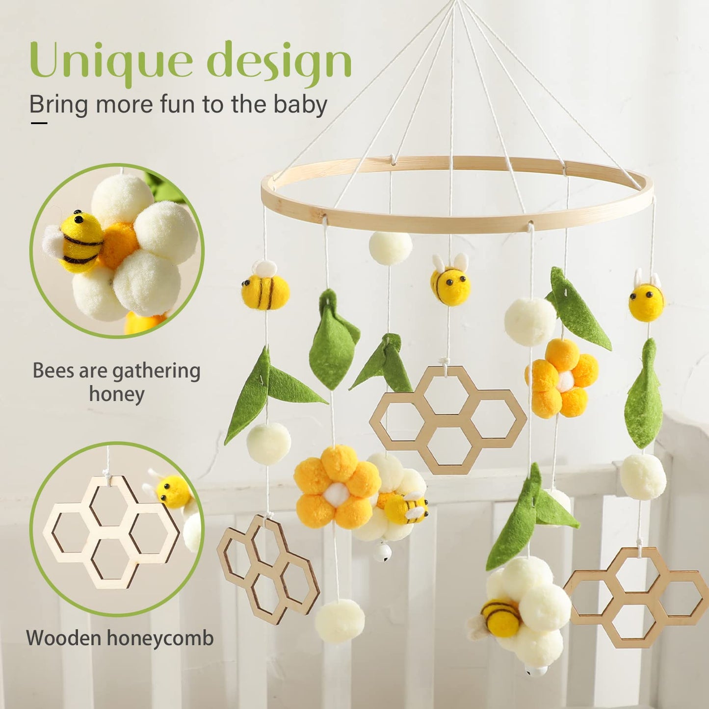 OESSUF Baby Mobile for Crib, Crib Nursery Mobile for Boys Girls, Boho Bee Flower Nursery Decor Soothe Toy Baby Shower Set for Infant Bedroom Hanging Decoration Toy, Pink