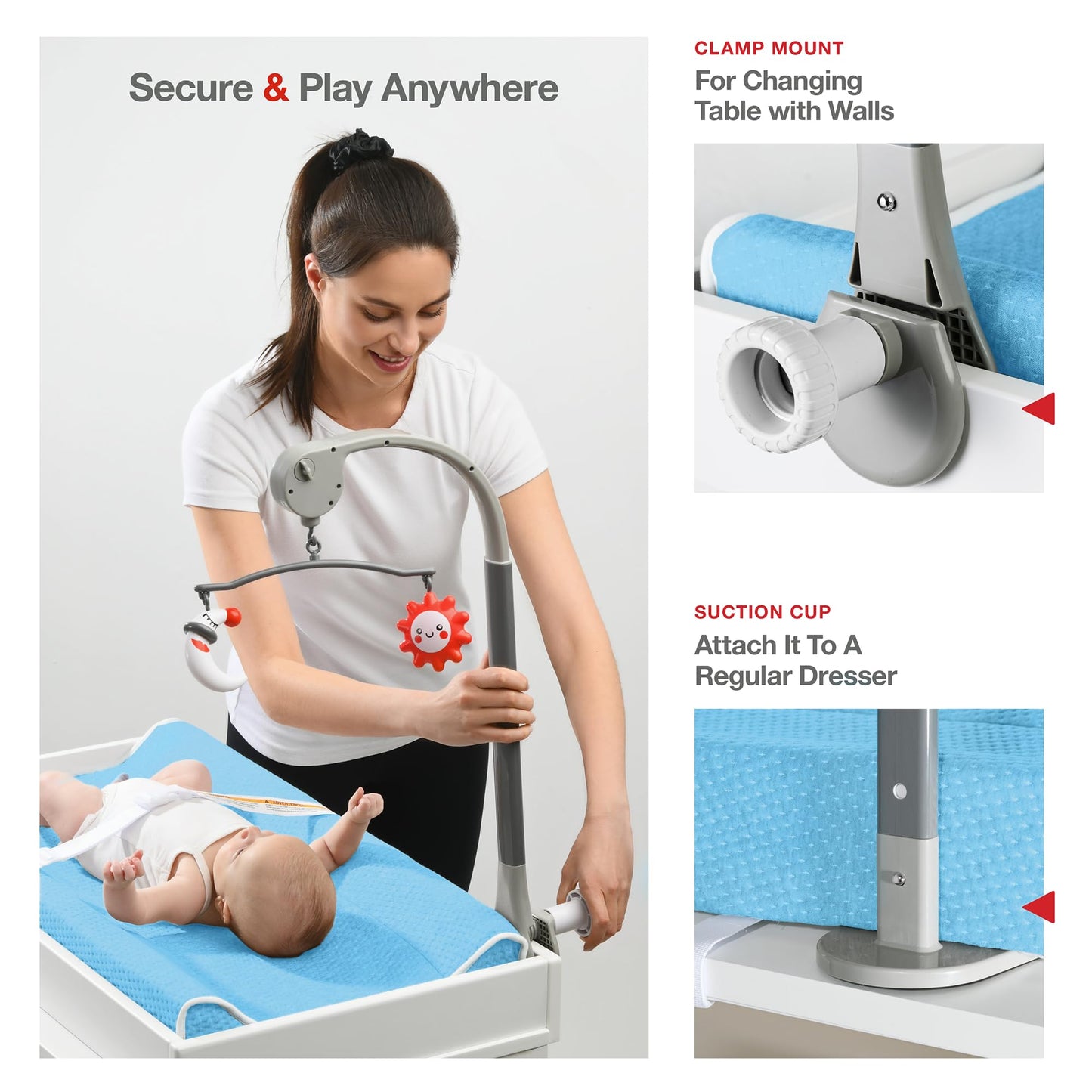 Changing Pad - Foam Contoured Baby Changing Pad for Dresser, Washable Soft & Removable Non-Slip Outer Cover + Inner Waterproof Lining, Bonus Portable Toy Bar with Music Mode Included