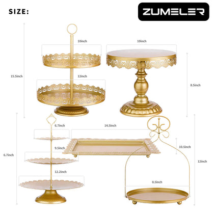 ZUMELER Gold 5Pcs Cake Stands Set Metal Round Cupcake Holder Cookies Dessert Display Plate Serving Tower Tray Platter with Handl for Baby Shower Wedding Birthday Party Celebration
