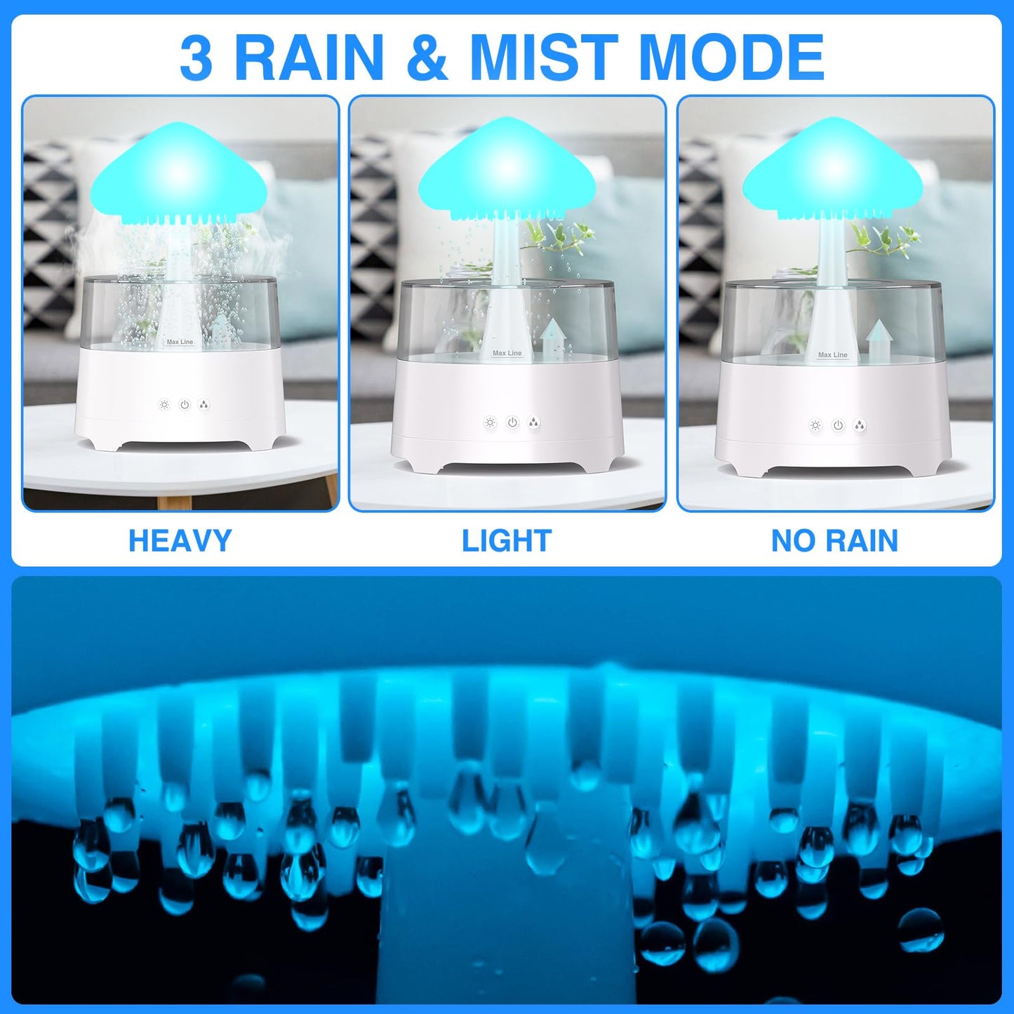 Diffuserlove Rain Diffuser Cloud Humidifier Water Drip Diffuser Humidifier 450ML with Remote Mushroom Lamp Humidifier Rain Sounds Humidifier