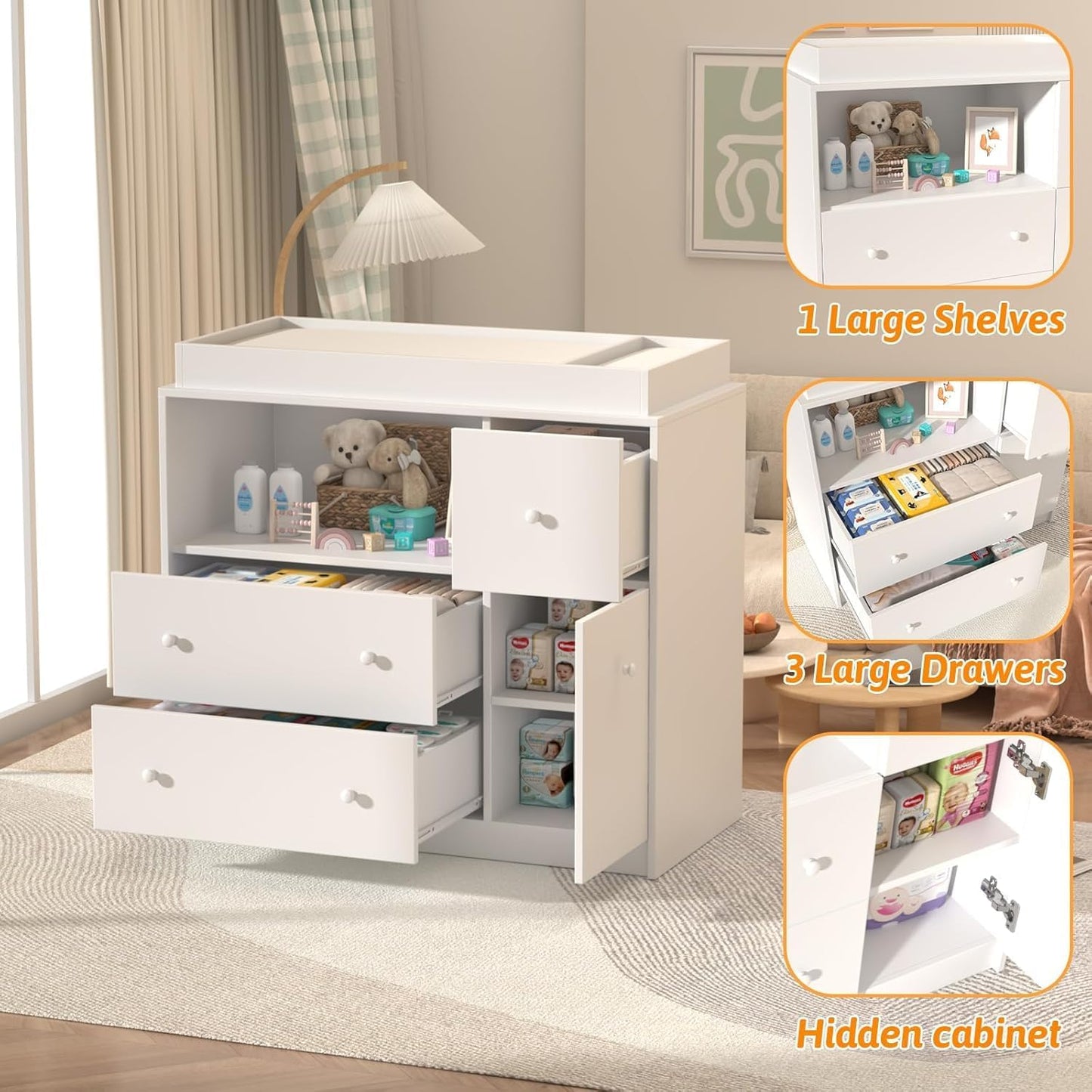 Baby Changing Dresser with Large Tabletop, 3 Drawers, Open Storage Space, and Open Storage Shelf – Ideal Changing Table for Nurseries and Baby Rooms