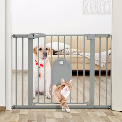 Babelio Upgraded Baby Gate with Cat Door, 29-43" Auto Close Durable Dog Gate for Stairs, Doorways and House, Easy Walk Thru Safety Gate with Pet Door Includes 4 Wall Cups, Black