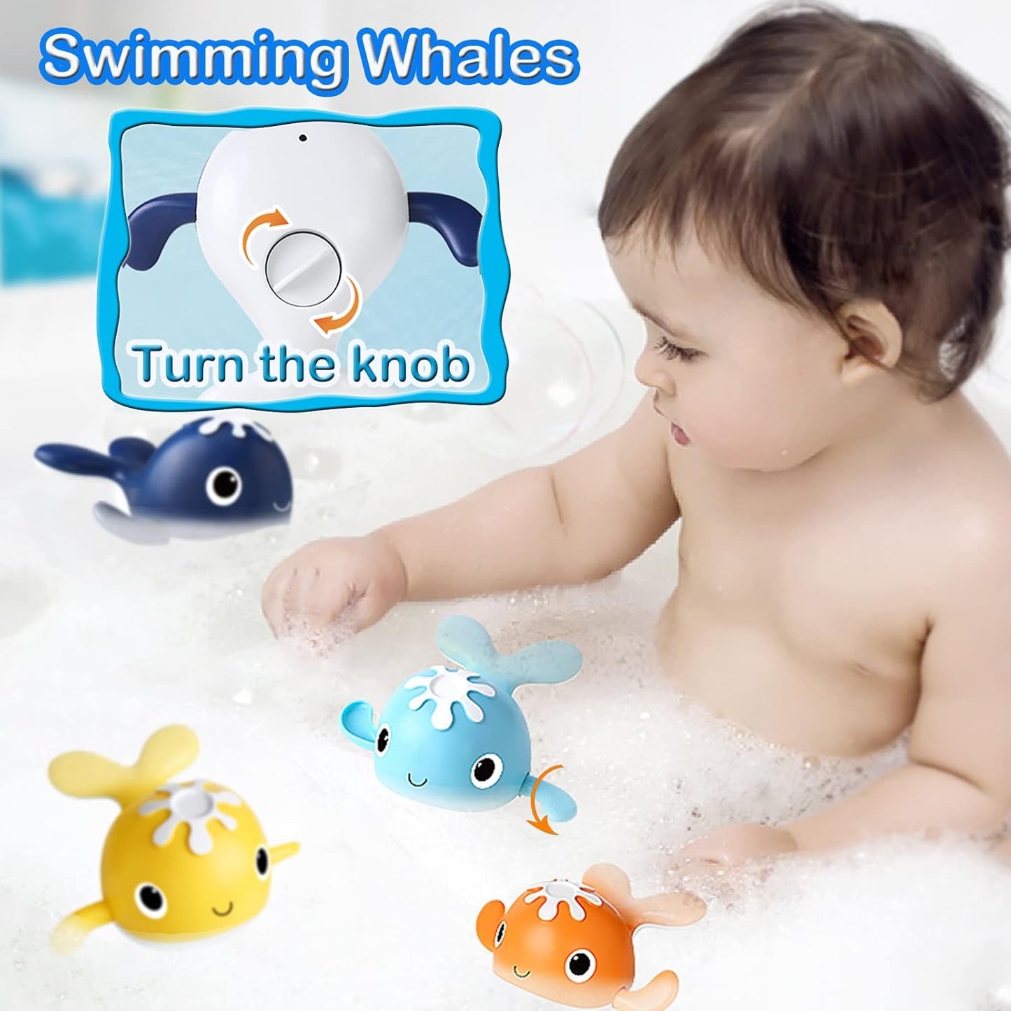 Baby Bath Toys,Magnet Fishing Game Bath Baby Toy for 1-3 4-8 Year Old Toddler Boys Girls,Toys for Kid,Baby Bathtub Toys 18 Months+,4 Wind-up Whale Water Shower Toy&1 Fishing Pole&1 Net