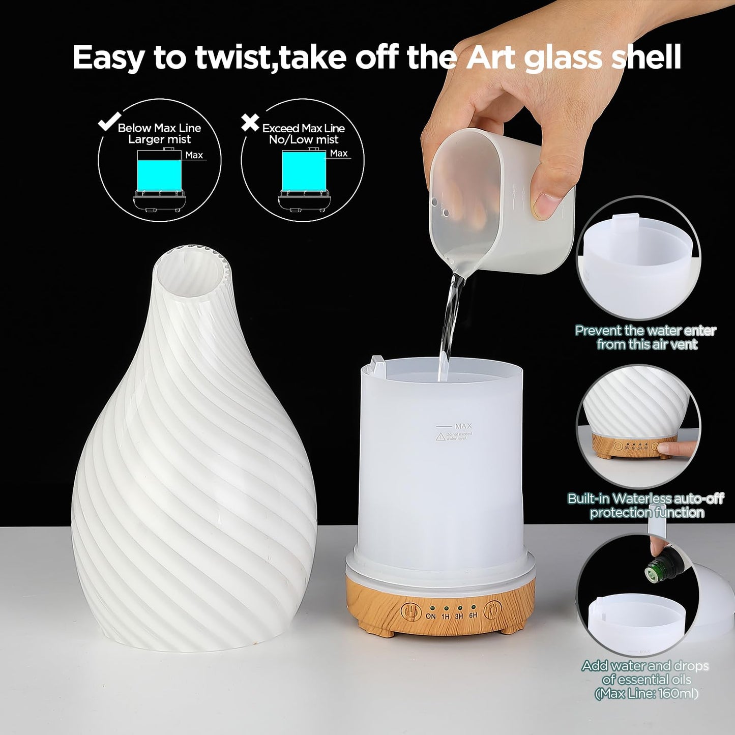 Essential Oil Diffuser Hand Blown Glass Aromatherapy Diffuser - Ultrasonic Cool Mist Scent Aroma Diffuser, Whisper Quiet with Auto Shut-Off, Timer Setting &7 Colors Night Light for Home
