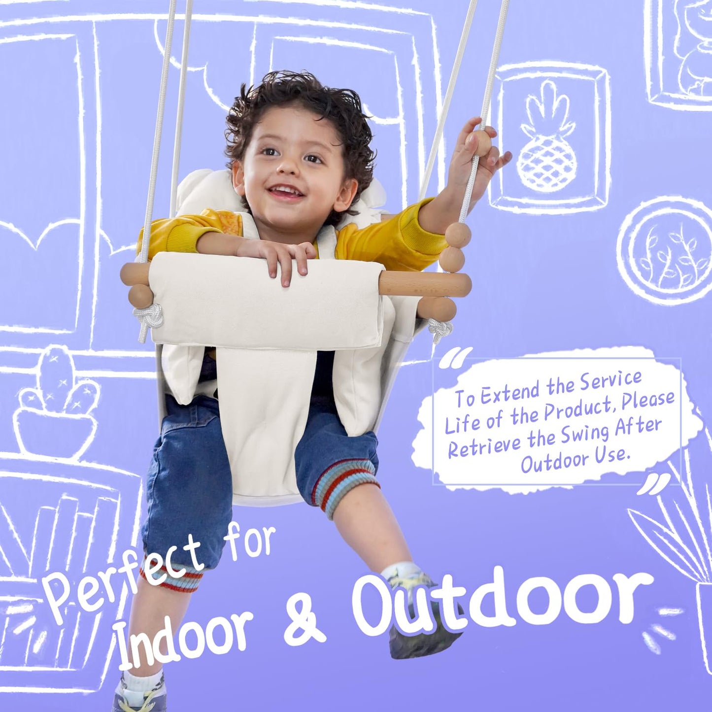 Baby Swing Indoor Outdoor,Secure Canvas Wooden Toddler Swing Seat, 3-Point Adjustable Safety Harness,Mounting Hardware Included,Gift for Boys and Girls,White