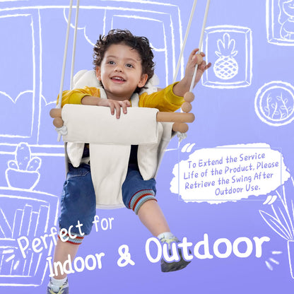 Baby Swing Indoor Outdoor,Secure Canvas Wooden Toddler Swing Seat, 3-Point Adjustable Safety Harness,Mounting Hardware Included,Gift for Boys and Girls,White