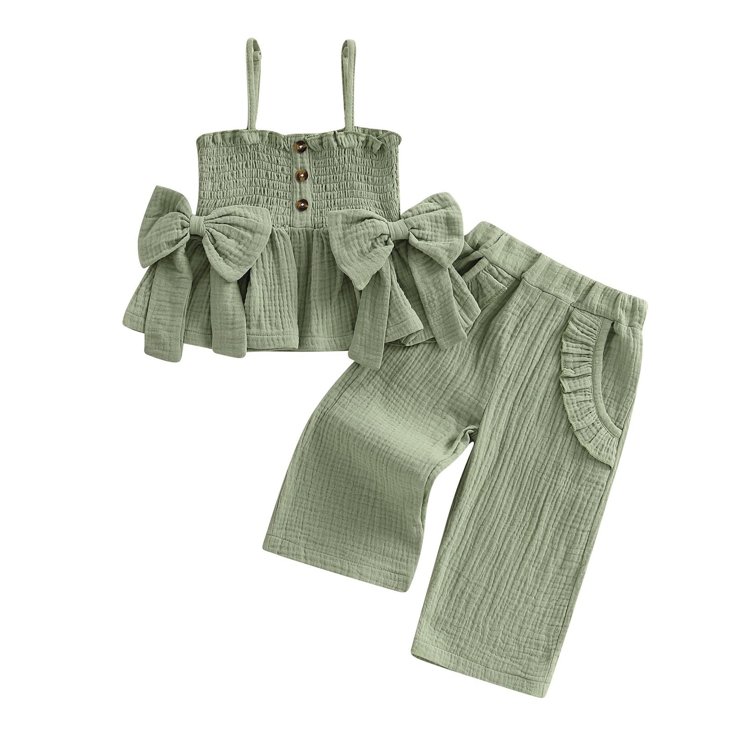 Toddler Baby Girl Clothes Tie-Up Strap Ruffle Camisole Tops Linen Pants Set Little Girls Summer Outfits