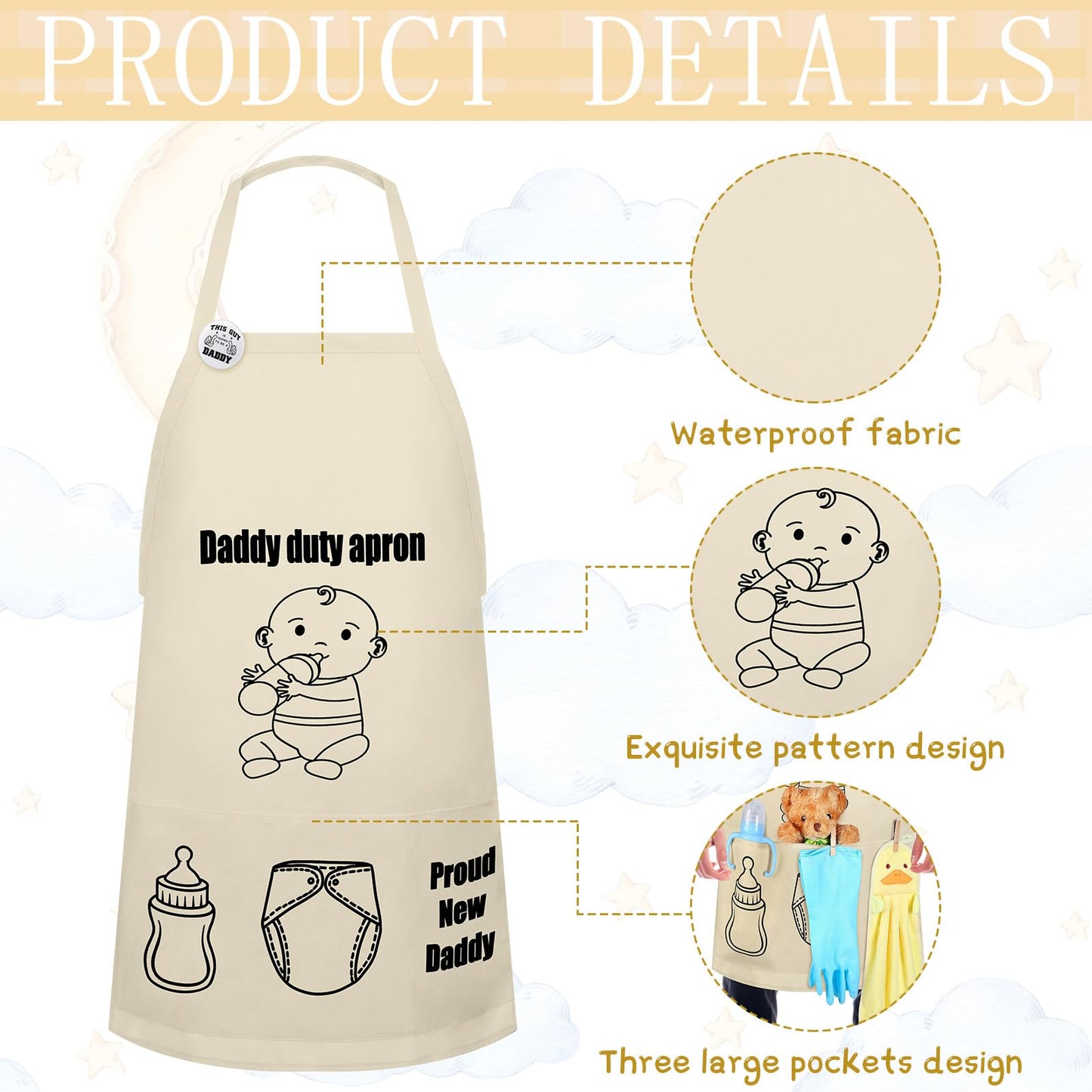 7 Pcs Daddy Duty Apron Diaper Duty Apron New Dad Gifts for Baby Shower Gender Reveal First Time New Dad Gifts (Black,Classic)
