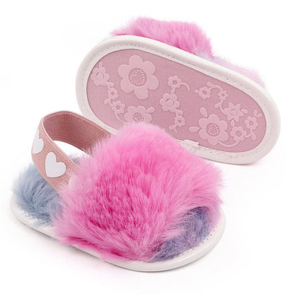 2 Pack Infant Baby Girls Sandals Elastic Back Strap Flats Slippers Soft Toddles Princess Shoes Faux Fur Slides Shoes First Walker House Shoes