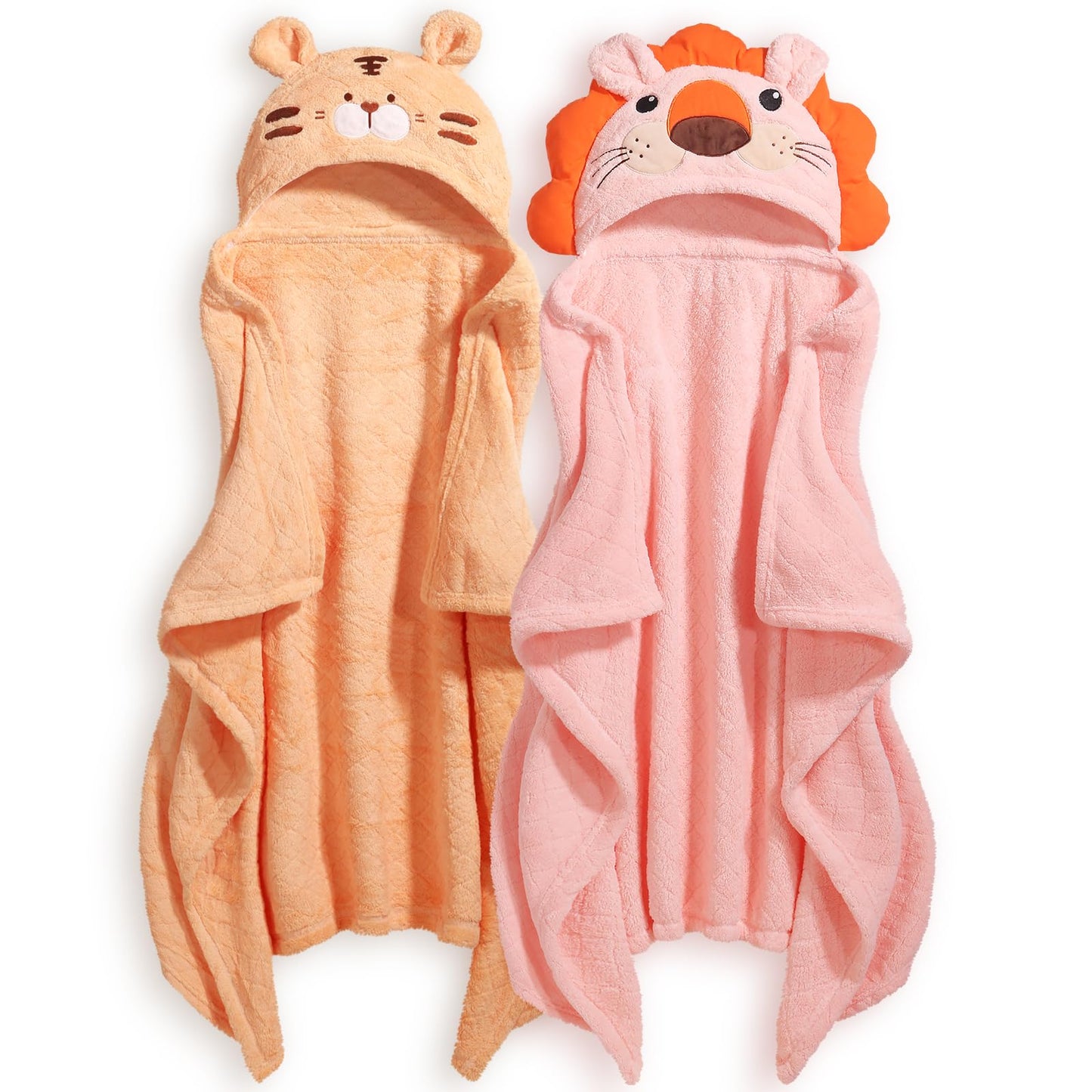 Hooded Baby Towels Boy for 0-6 Years, 50"x 32" Extra Large Toddler Bath Towels with Hood for Boys & Girls, 2-Pack Absorbent Thick Soft Gift for Kids Yellow Lion & Orange Monkey
