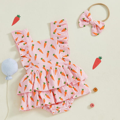 Baby Girls Flutter Sleeve Ruffles Layered Romper Dress Cute Patterns Printed Holiday Outfit with Headband