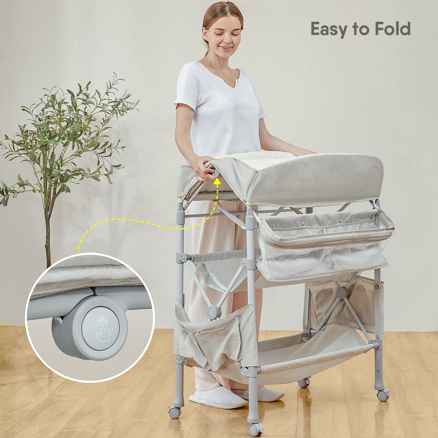 BabyBond Portable Baby Changing Table with 2 Storage Baskets, Foldable Changing Table Dresser Waterproof Diaper Changing Table Height Adjustable Changing Station for Infant and Newborn(Beige)