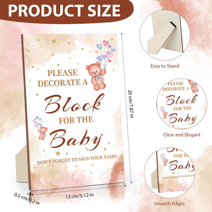 Baby Shower Games Sign Kit with 50 Blank Wooden Baby Blocks, 24 Acrylic Paint Marker and Wooden Sign, Blocks for Baby Shower, Gender Reveals Party(Green)
