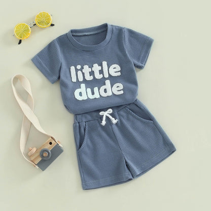 Toddler Baby Boy Summer Clothes Embroidered Waffle Short Sleeve T-Shirts Elastic Shorts Newborn Infant Boy Outfits