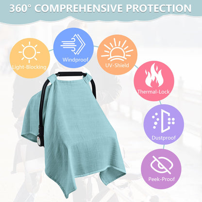 Baby Car Seat Cover, 100% Muslin Carseat Cover, Universal Carseat Covers Baby, Infant Car Seat Cover for Sun, Bug, and Comfort Protection (Green)