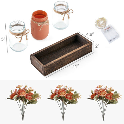 Mkono Mason Jar Lights Centerpiece Table Decor for Dining Room Farmhouse Wood Tray with 3 Jars Flowers Summer Decoration for Coffee Table Kitchen Living Room Wedding