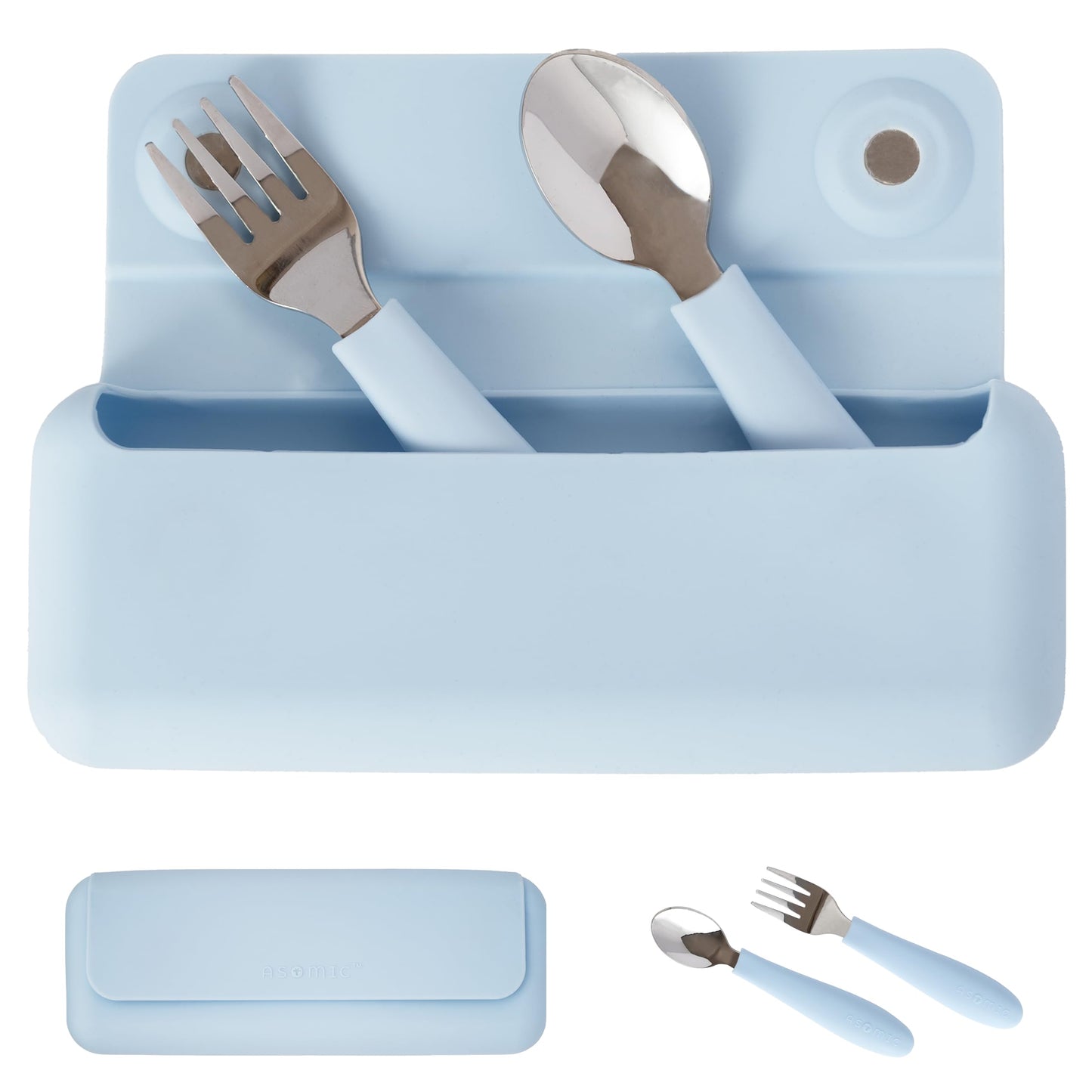 ASOMIC 316 Stainless Steel Utensils Set with Silicone Handle & Travel Case for Toddlers & Kids, Children Spoon, Fork & Case for Daycare, Preschool, School & Baby Meals – BPA-Free, Dishwasher Safe