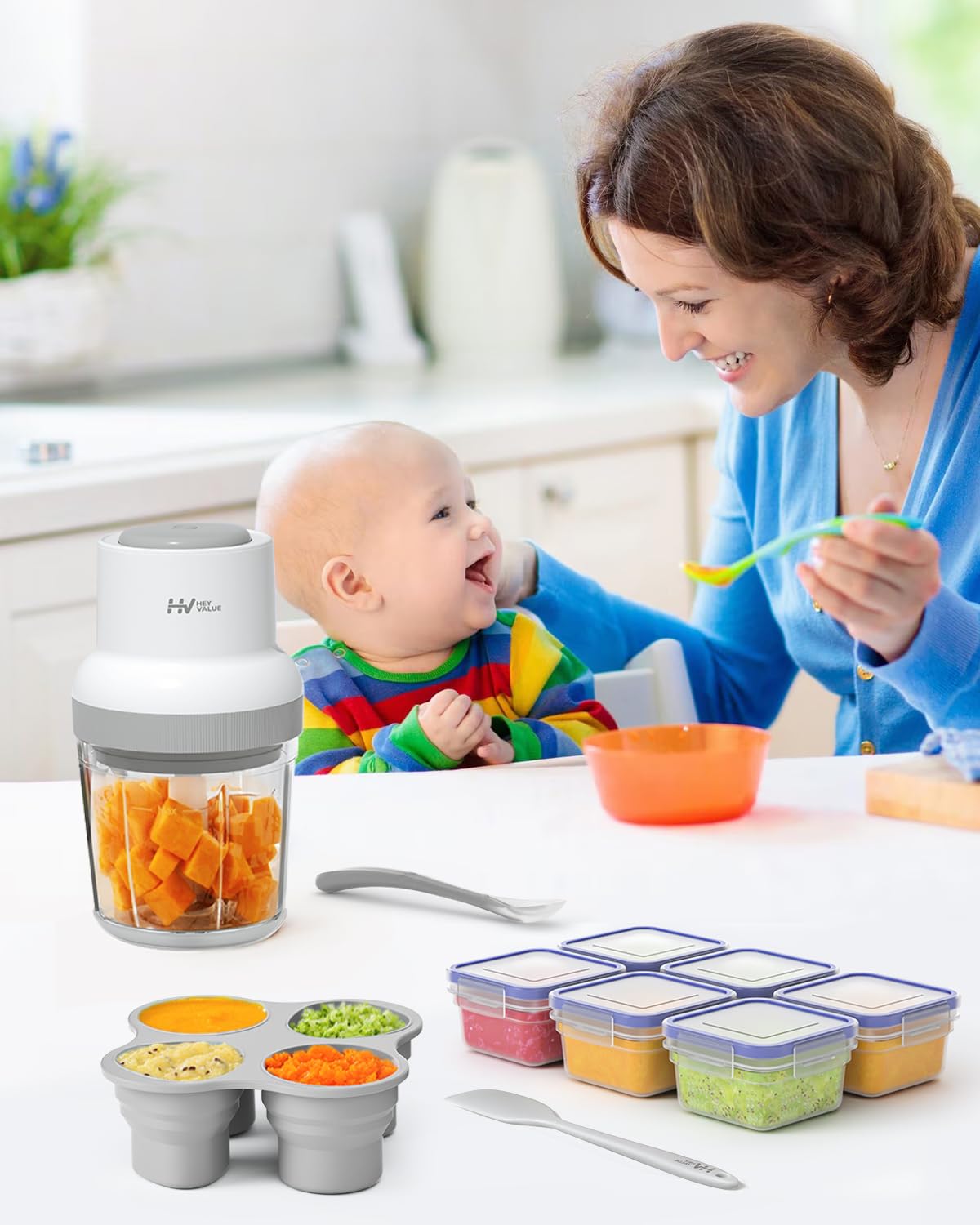 HEYVALUE Baby Food Maker, 13-in-1 Baby Food Puree Blender for Baby Food, Fruit, Vegatable, Meat, with Food Containers, Baby Food Processor Freezer Tray, Silicone Spoons, Silicone Spatula(Light Green)