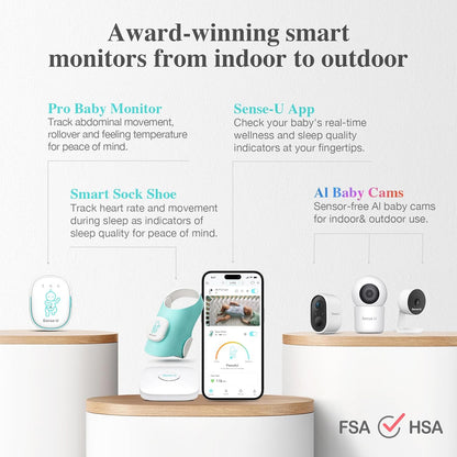 Sense-U Smart Sock Shoe (Long Range) Baby Monitor with On-Device Sleep Indicator & Notifications, Track Heart Rate, Movement, Sleep Patterns, Naps from Anywhere for Peace of Mind, FSA/HSA Eligible
