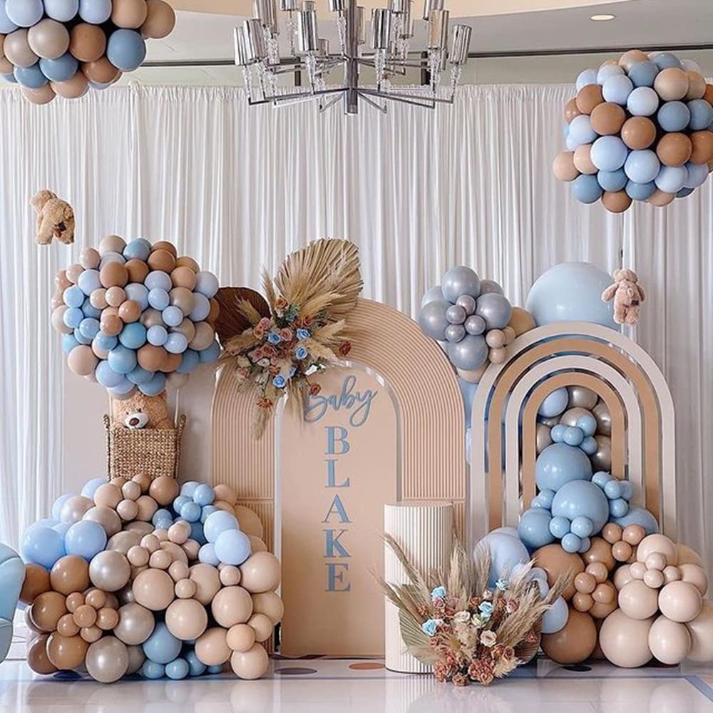 Blue Balloon Arch Kit, 132Pcs Dusty Light Baby Blue Balloons Garland with Brown Double Stuffed Balloons for Baby Shower Gender Reveal Boy Birthday Bear Theme Party Decorations Supplies