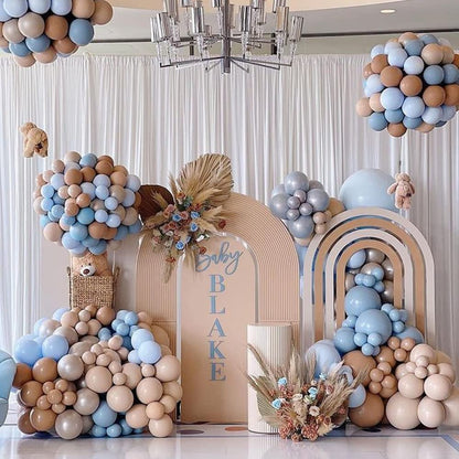 Blue Balloon Arch Kit, 132Pcs Dusty Light Baby Blue Balloons Garland with Brown Double Stuffed Balloons for Baby Shower Gender Reveal Boy Birthday Bear Theme Party Decorations Supplies
