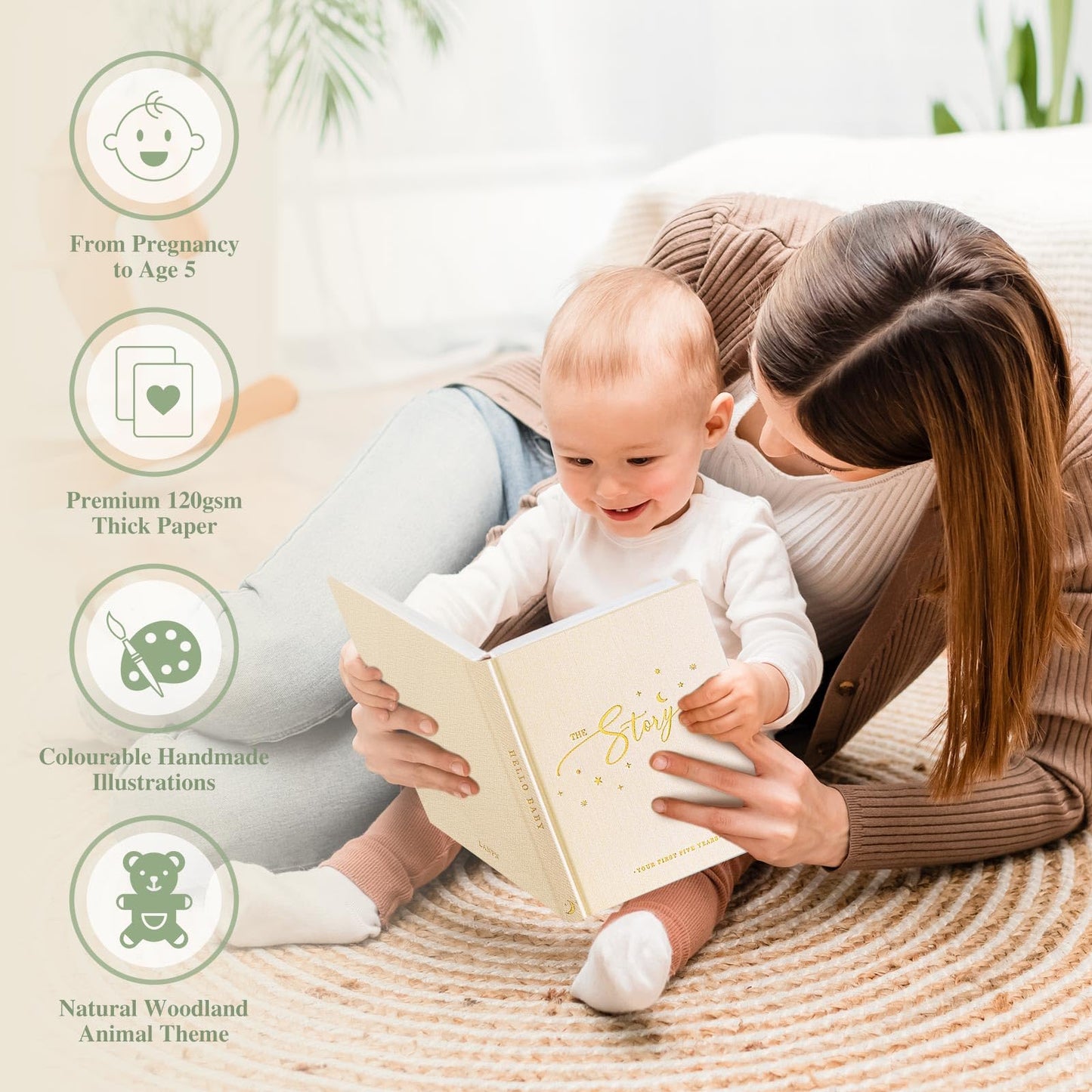 Lanpn Baby Memory Book - Linen Baby Book Journal Memories Keepsake - The Story of You - Newborn Baby First 5 Year Scrapbook Photo Book Milestone Album for Boy Girl New Parents (Sage Green, 154 Pages)