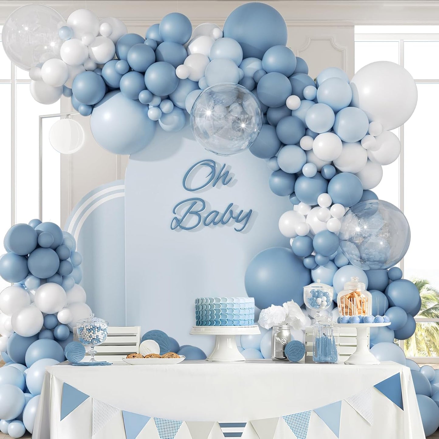 119pcs Dusty Blue Balloon Arch Garland Kit, Blue & White Balloon Arch Kit with Dusty Blue, Pastel Blue, White Clear Balloons for Bridal, Baby Shower Party Decorations