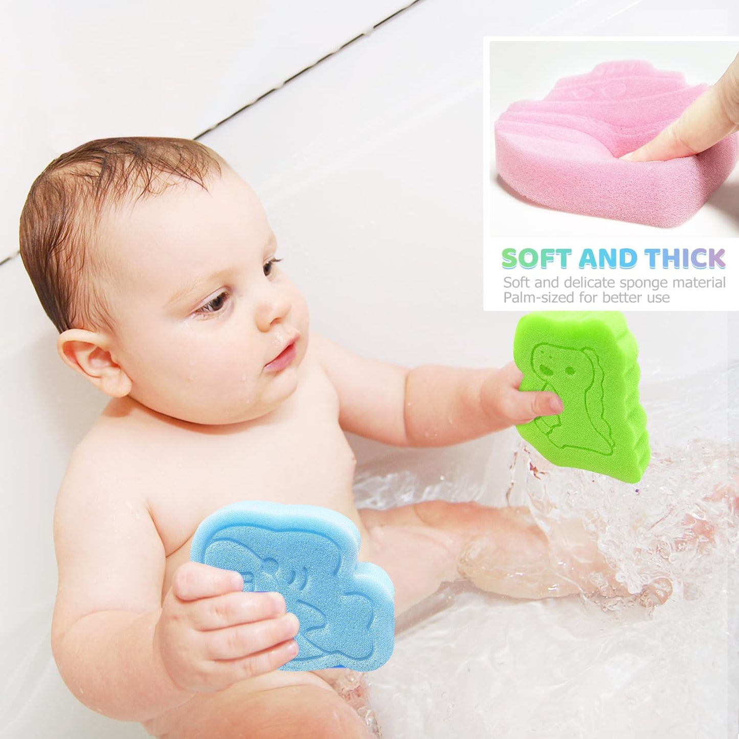 Baby Bath Sponge, Natural Cute Shapes Soft Shower Sponges for Bathing, Bathtub Foam for Infants and Toddler, 3pcs : Blue Dolphin, Pink Shell, Green Turtle
