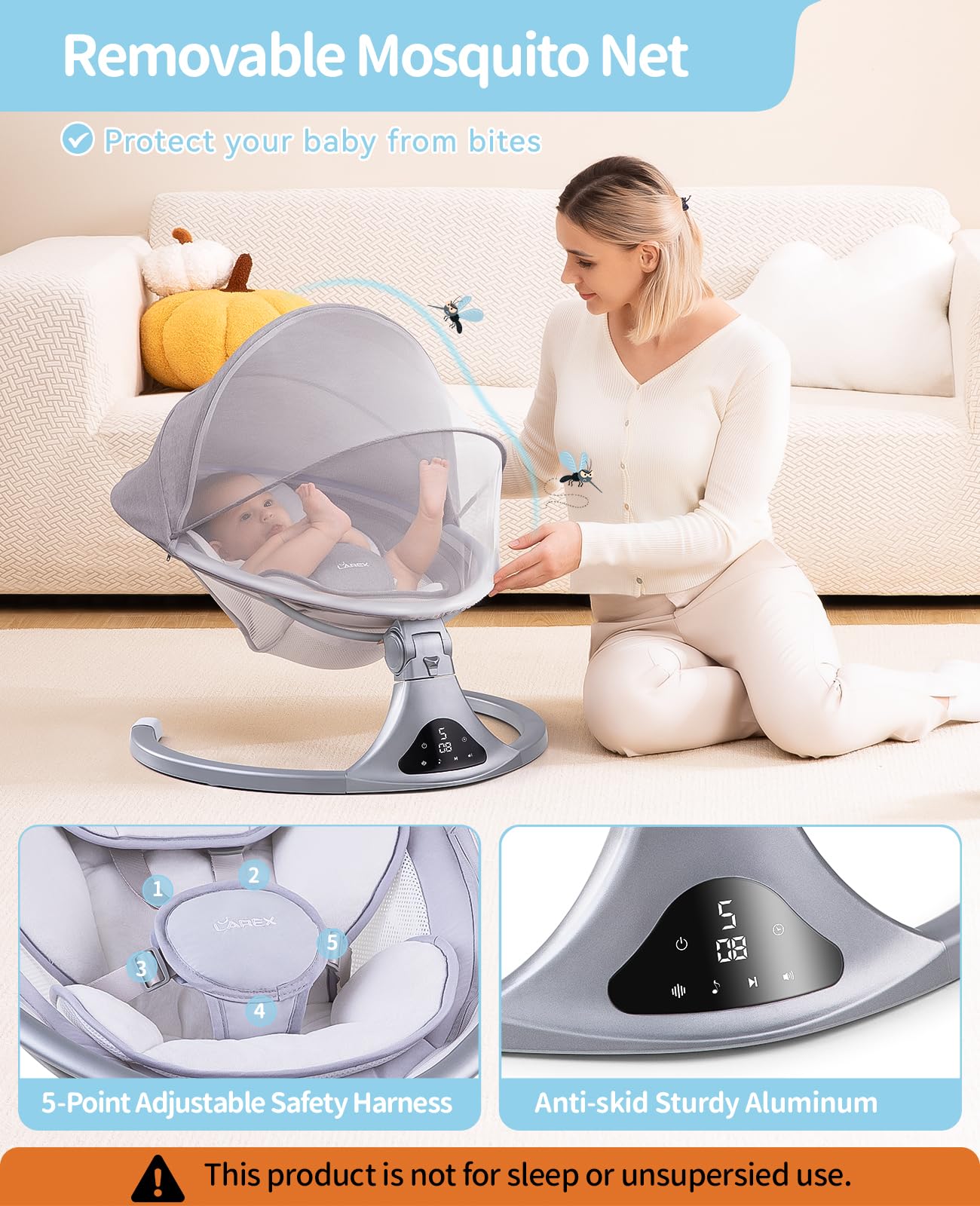 LAREX Baby Swing to Toddler Electric Infant Swing Portable for Newborn Boy Girl, 5 Sway Speeds with Remote Control, 12 Preset Melodies and Bluetooth, 0-6 Months Max 20 Lbs(Dark Wood Grain)