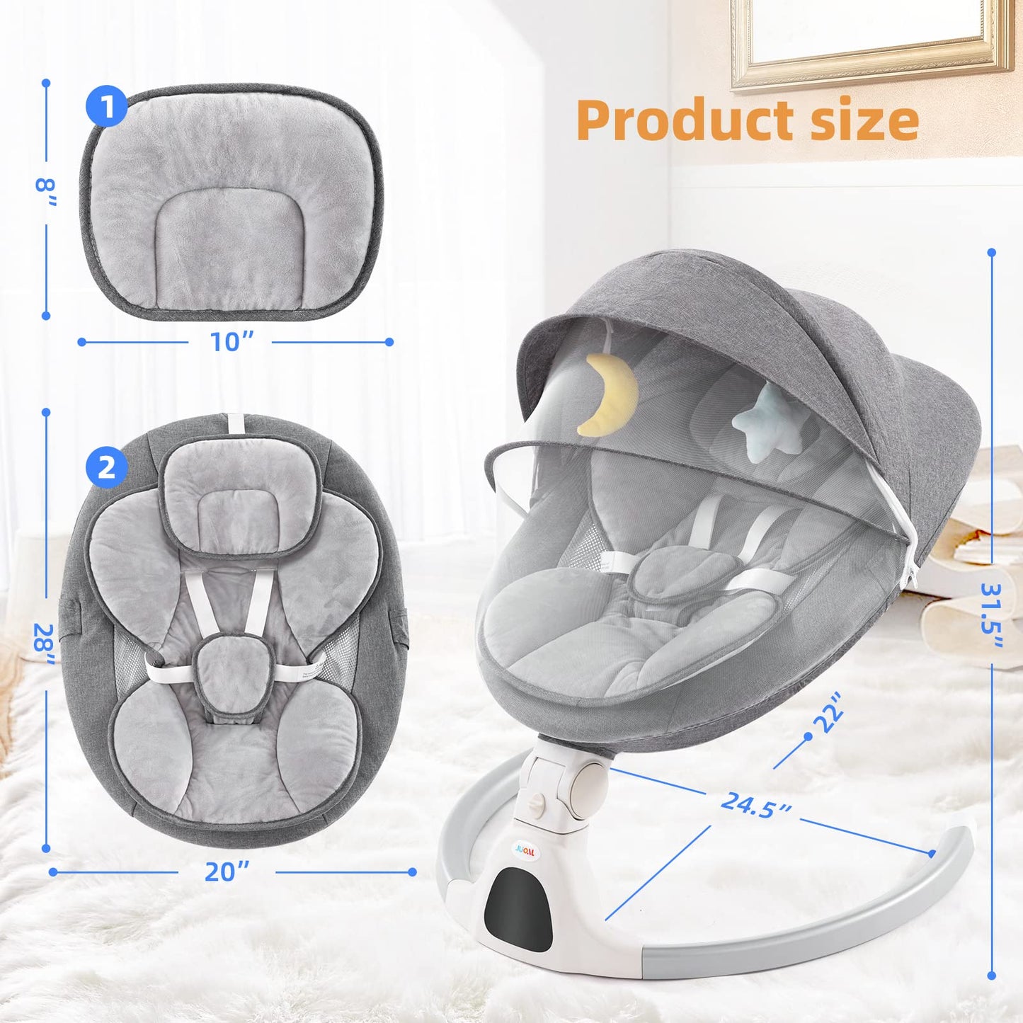 Jaoul Baby Swing for Infants - Electric Portable Newborn Bouncer With Bluetooth Touch Screen/Remote Control, Timing Function, 5 Speeds, 3 Seat Positions for Boys and Girls (Pink)