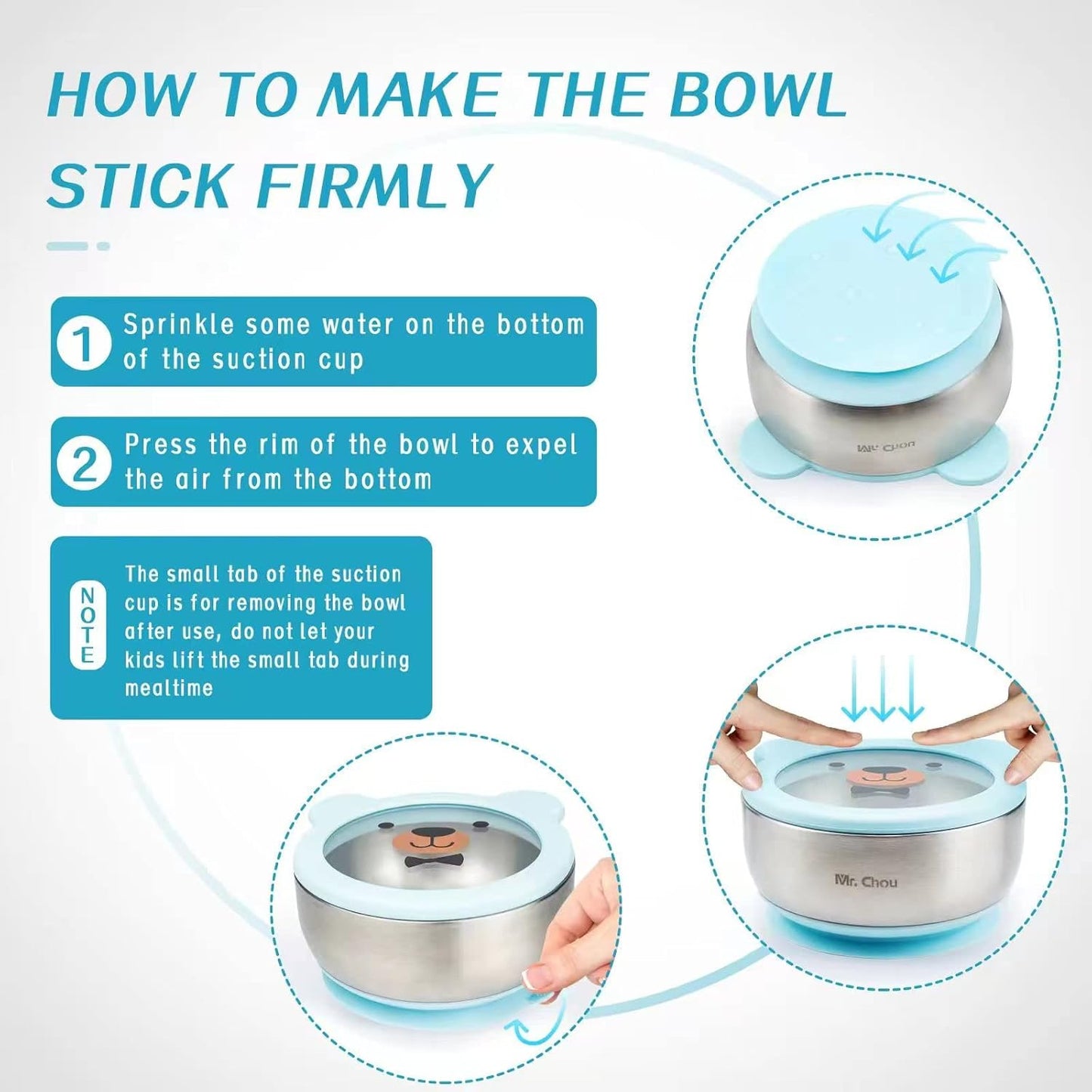 MR. CHOU Baby Bowls with Non-Slip Silicone Suction Cup, Insulated Double-Layer 304 Stainless Steel Toddler Bowls with BPA Free Airtight Lids, Food-Grade Silicone Safe for Kids (Blue)