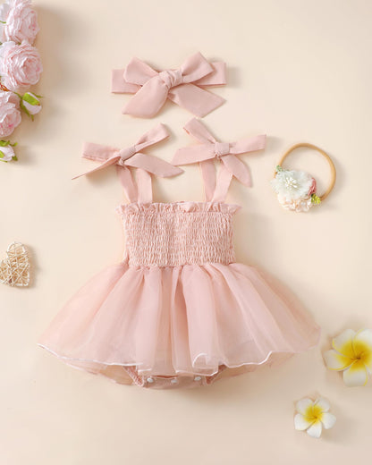 Renotemy Baby Girl Tulle Dress Sleeveless Romper Smocked Halter 1st Birthday Clothes Cake Smash Outfits with Flower Headband