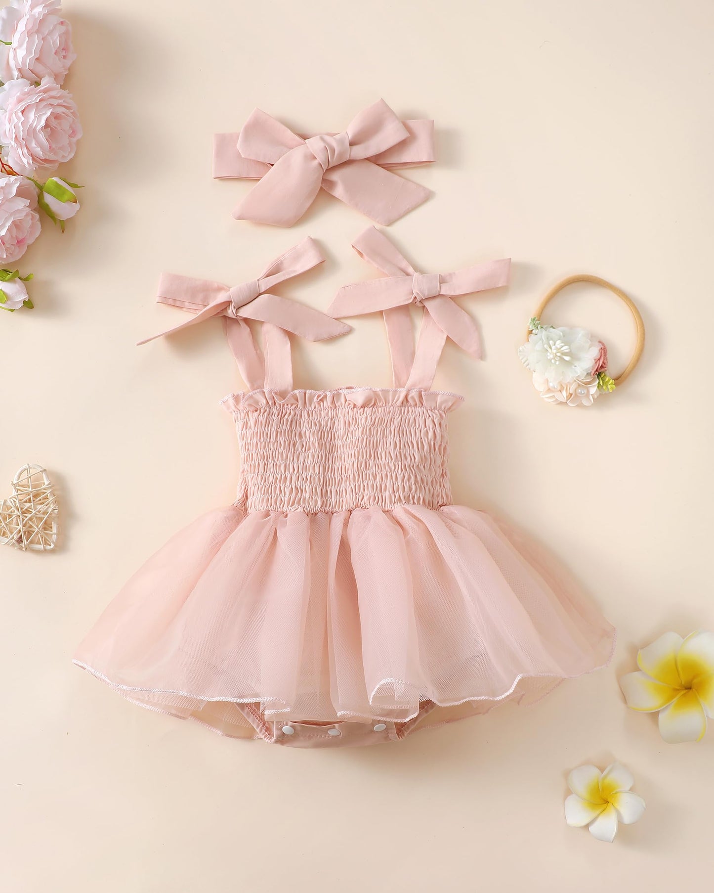 Renotemy Baby Girl Tulle Dress Sleeveless Romper Smocked Halter 1st Birthday Clothes Cake Smash Outfits with Flower Headband
