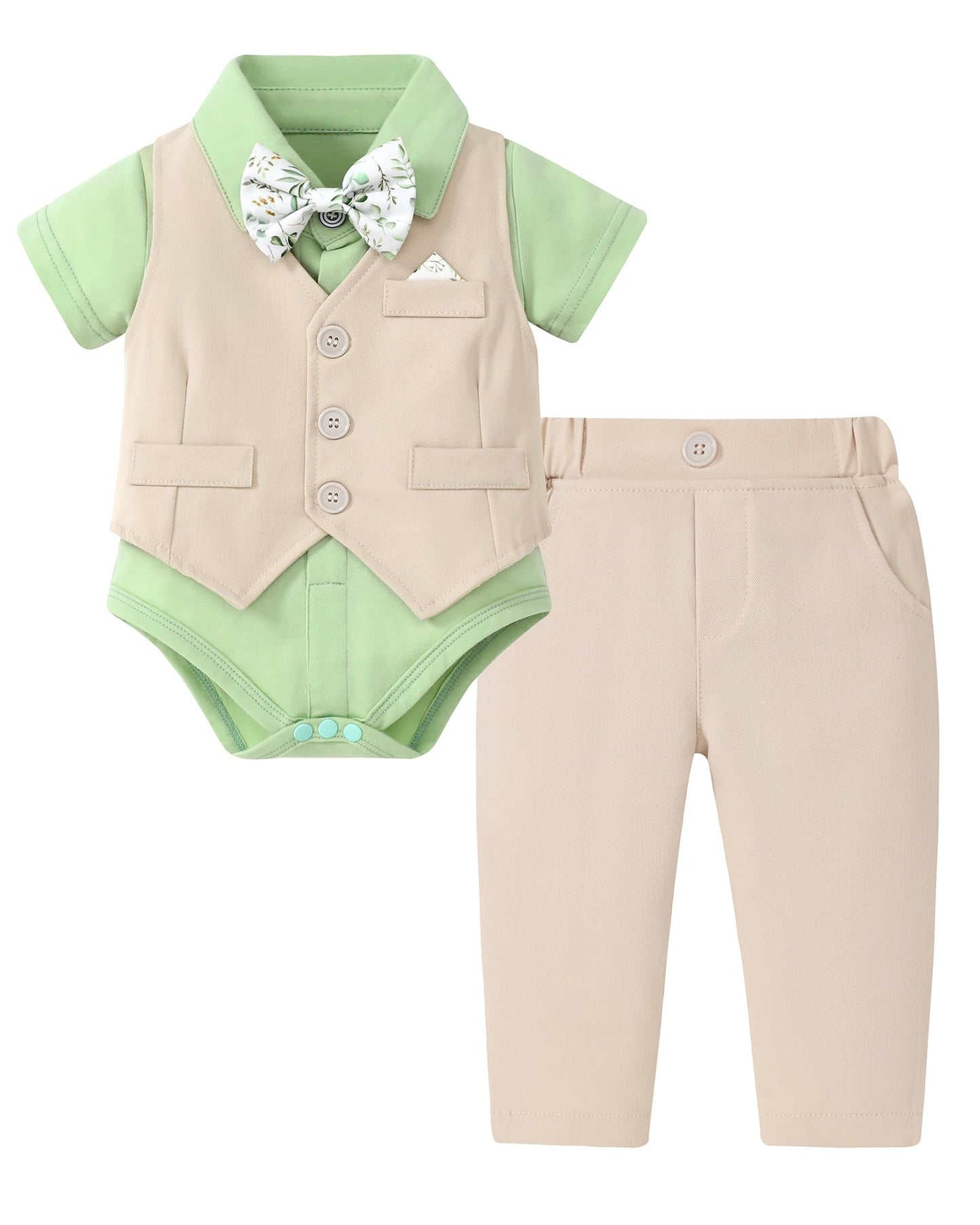 DISAUR Baby Boy Clothes Toddler Boy Outfits 4PCS Gentleman Dress Romper/Vest/Pants/Bow Tie Cotton Suit Sets