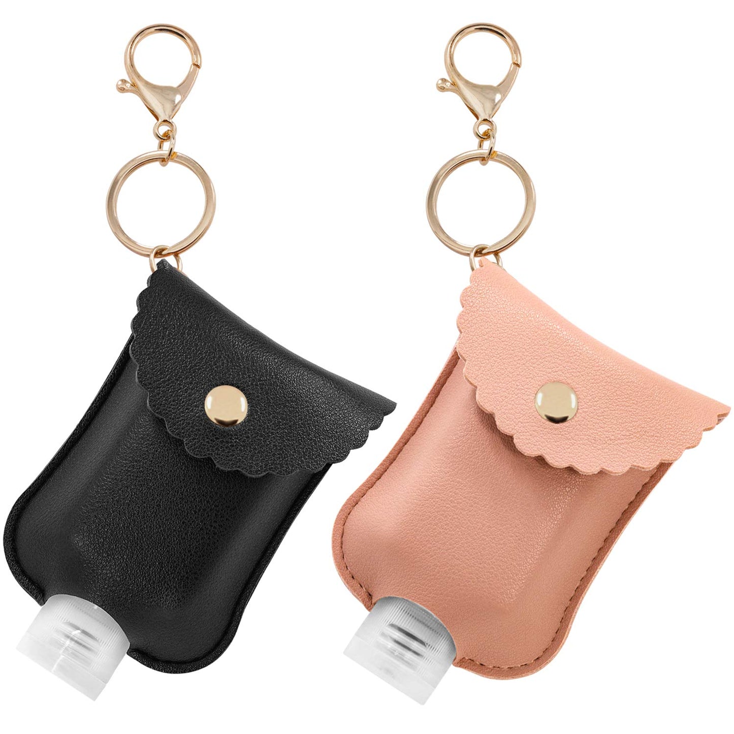 Portable Squeeze Bottle, Empty Leakproof Plastic Travel Bottle with Leather Keychain Holder for Hand Sanitizer, Essential Oil, Refillable Bottle Clips to Diaper Bag, Travel Bag(2oz 2 pack-Pink)
