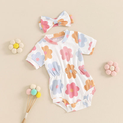 Baby Girl Summer Clothes Ribbed Short Sleeve Romper Solid Color Bodysuits Bow Headband Outfit Newborn Girl Jumpsuit