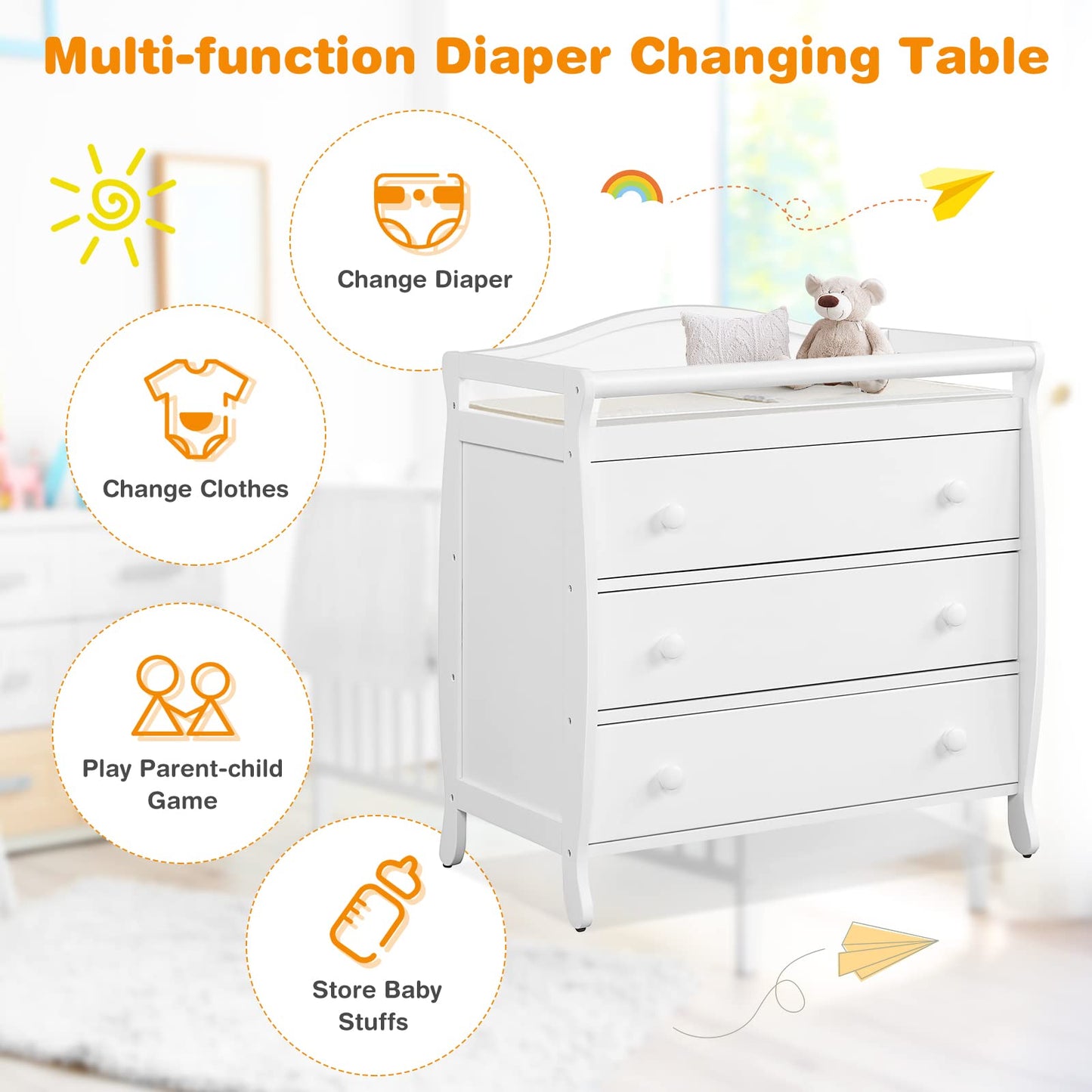 Costzon 3-Drawer Changing Table, Infant Diaper Changing Station with Drawers, Safety Rails & Strap, Baby Changing Table Dresser for Nursery, Easy Assembly (Brown)